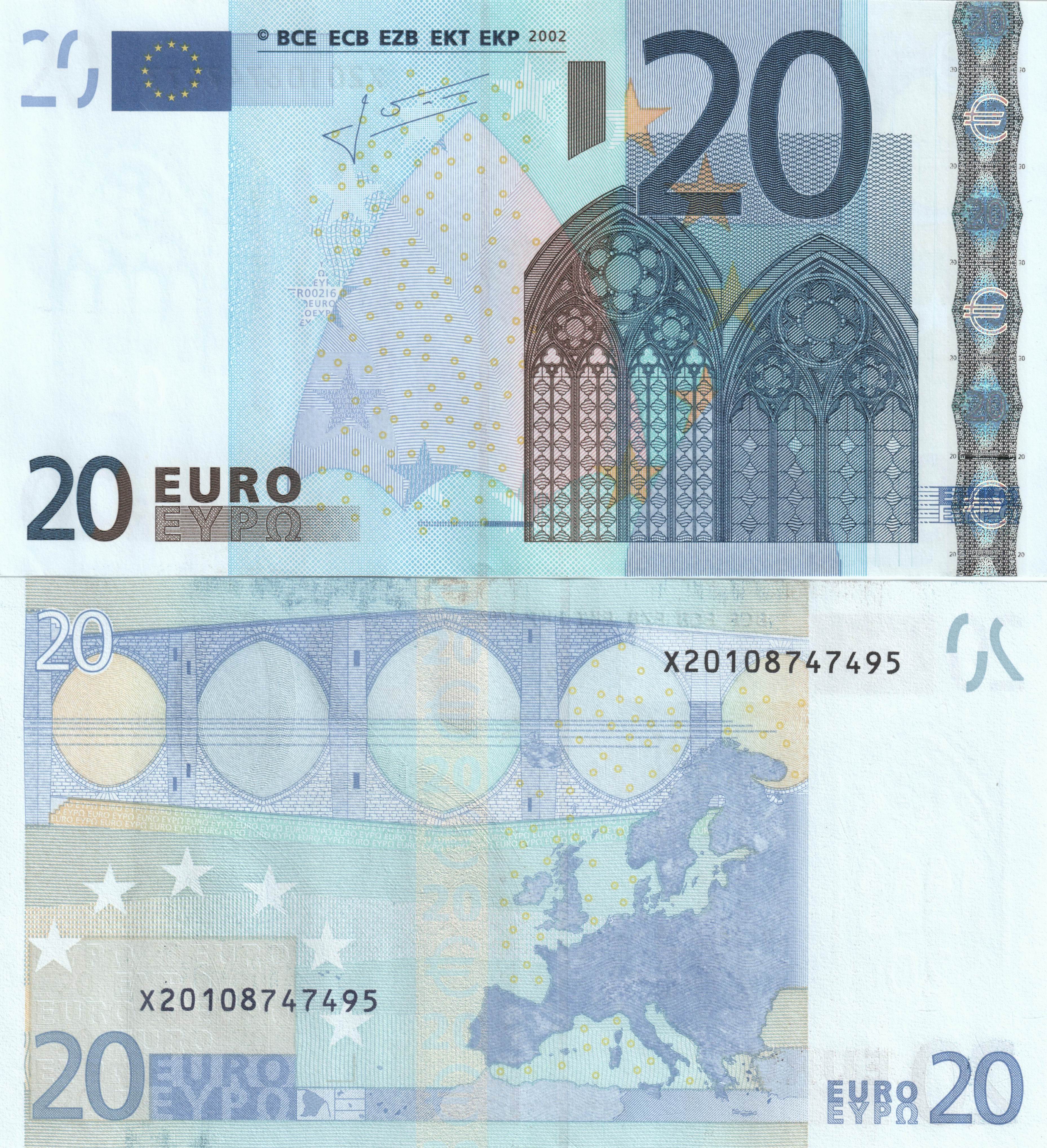 Размер евро купюры. 20 Евро купюра. 20 Евро как выглядит купюра. Банкнота 20 евро нового образца. Евро банкноты 50 евро 2002.