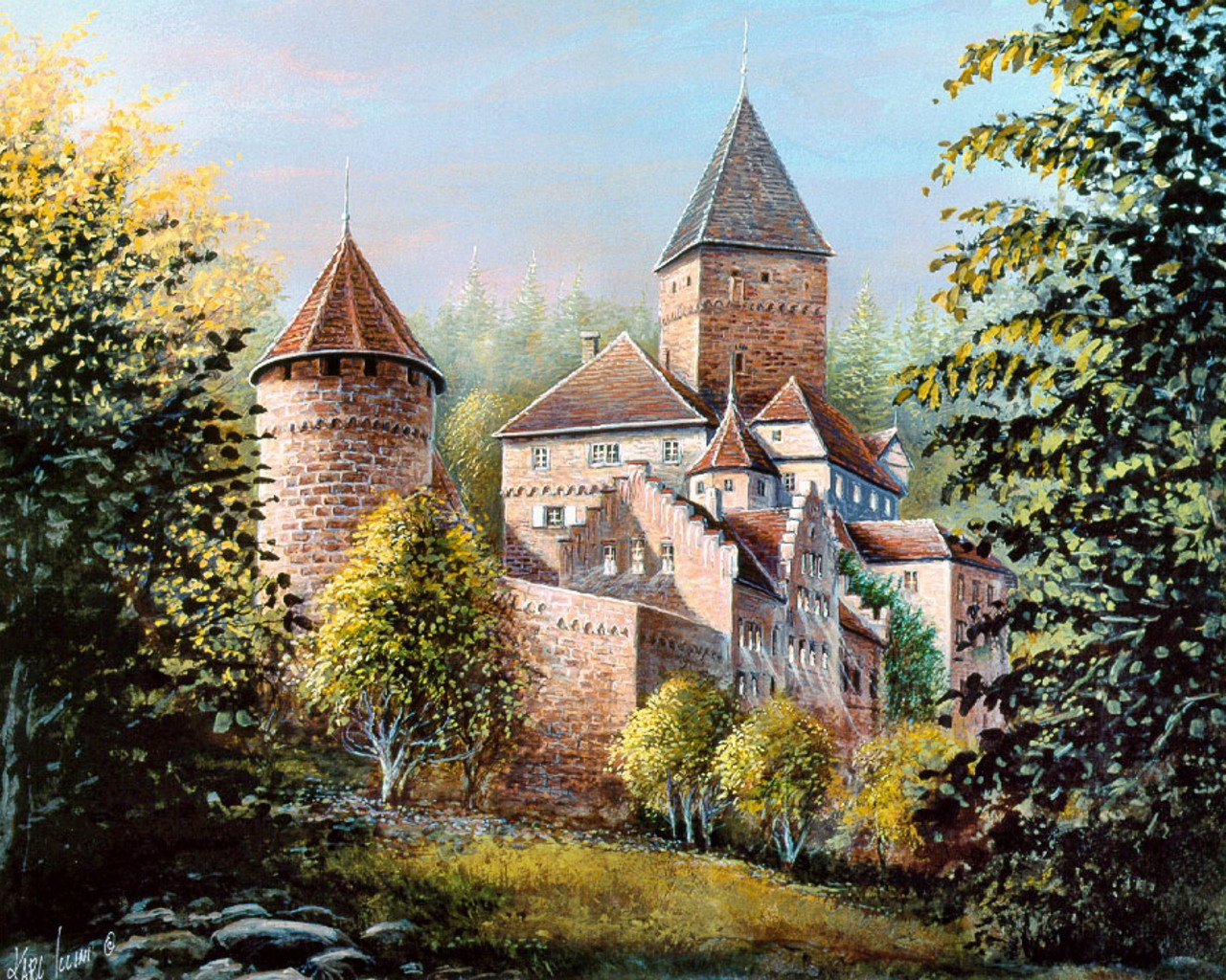 Старая картина обои. Замок Цвингенберг Германия. Средневековый замок живопись. Европейские города средневековья.