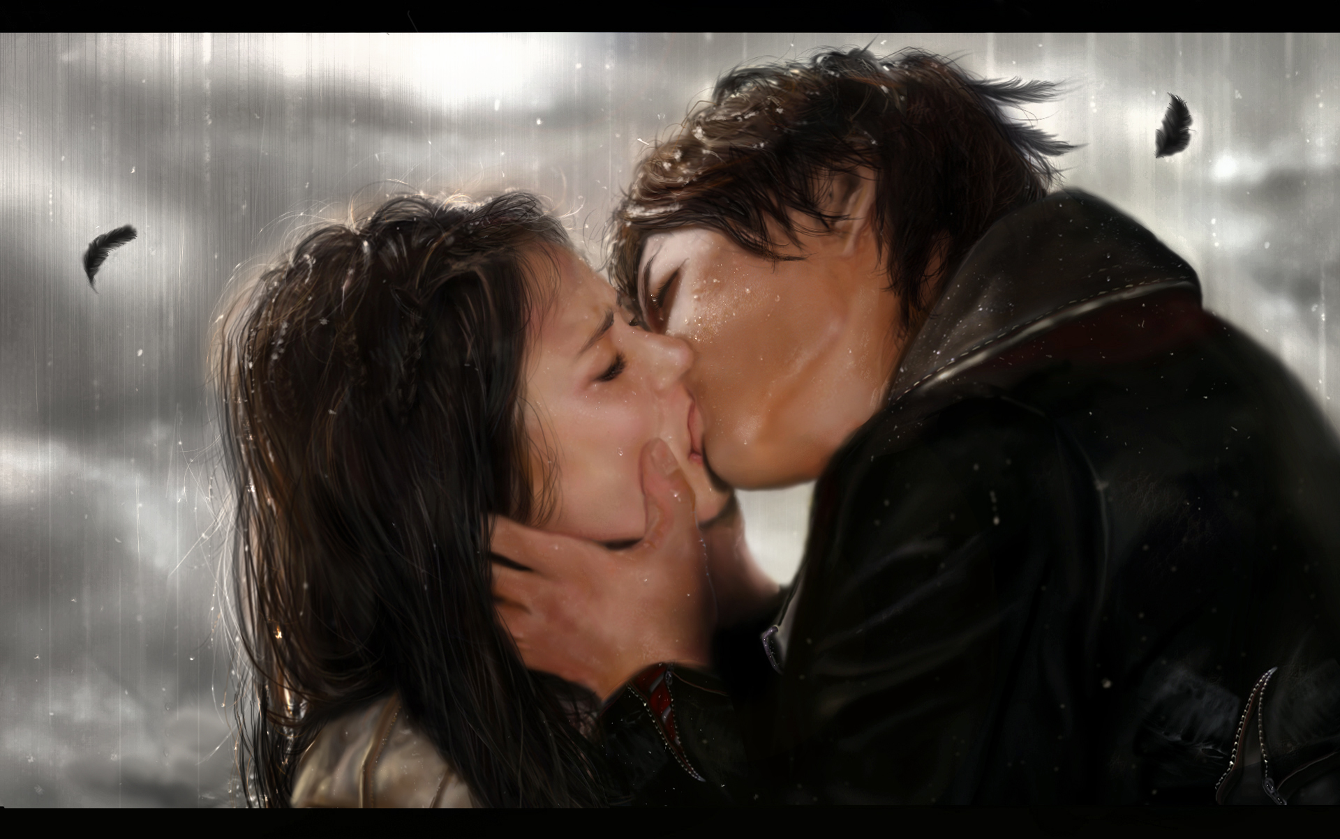 Красивые девушка целует парня. Damon Elena Rain Kiss.