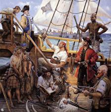 Фото Средневековье Мужчины Пираты Корабль Палуба