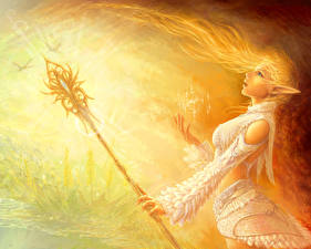 Картинка Чародей Эльфы Посохи Фантастика Девушки