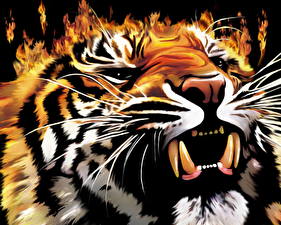 Фотографии Большие кошки Тигры Рисованные Зубы Животные