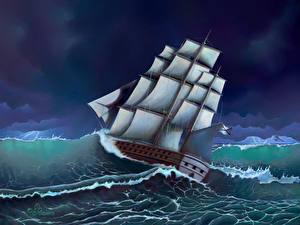 Картинка Корабль Парусные Волны