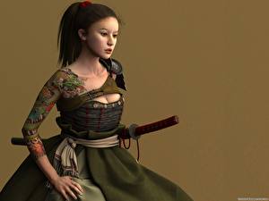 Обои Воители Катана С саблей Фантастика Девушки 3D_Графика Девушки