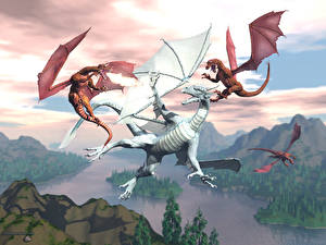 Картинка Дракон Трое 3 Фантастика 3D_Графика