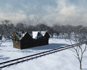 Фотография Здания Железные дороги Снег 3D Графика Природа