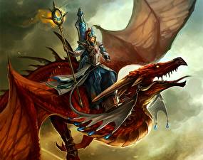 Картинка Sandara Tang воин летит на драконе Фэнтези