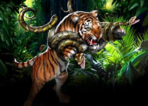 Фотография Большие кошки Змея Тигры Рисованные