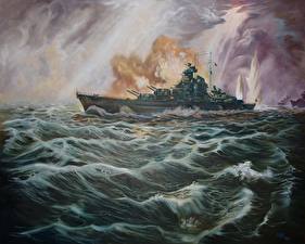 Картинки Корабль Рисованные KMS Bismarck Армия