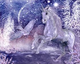 Картинка Волшебные животные Единороги Зимний лес . Волшебный Единорог.