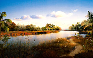 Картинки Озеро 3D Графика Природа