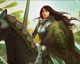 Картинка Воители Лошади Щиты Броня Фантастика Девушки