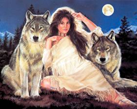 Картинка Maija с двумя волками Фантастика Девушки