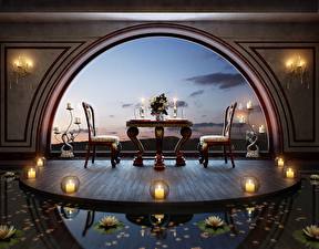 Фотография Интерьер Свечи Стулья Стола столик на двоих с прекрасным видом