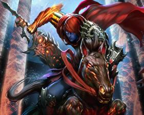 Картинки Воители Лошади Меча воин с гигантским мечом на коне Фантастика