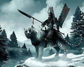 Картинка Воители Копья самурай на огромной белом тигре