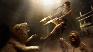 Картинки Tomb Raider Лара стреляет в тигра