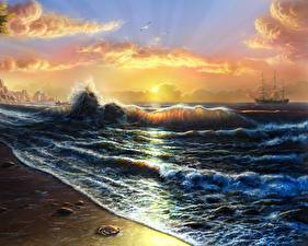 Обои для рабочего стола Волны рисованные Природа