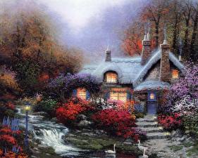 Картинки Картина Thomas Kinkade evening at swanbrooke cottage