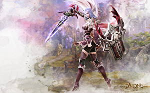Обои Aion: Tower of Eternity девушка воин с мечом и щитом компьютерная игра