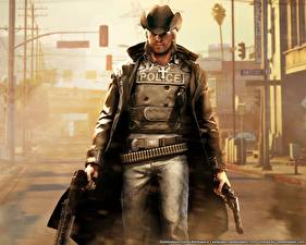 Обои Call of Juarez полицейский в бронежилете и шляпе компьютерная игра