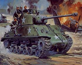 Фотографии Рисованные Танк M4 Шерман M4A3E8 Sherman marines Армия
