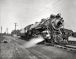 Обои Железные дороги старый поезд черно белое фото