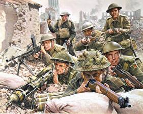 Фотографии Рисованные Солдат Военная каска British Tough chaps (1944) Армия
