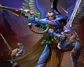 Обои Warhammer 40000 Warhammer 40000 Dawn of War девушка воитель в костюме с мечом и пистолетом