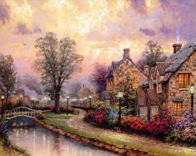 Обои Картина Thomas Kinkade  the brooke windermer and cottage row at dusk