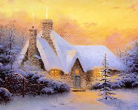 Фотографии Картина Thomas Kinkade christmas tree cottage