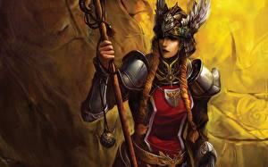 Фотографии Воины Посохи Доспехе Фэнтези Девушки