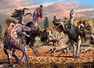 Обои Древние животные Динозавры Gigantoraptor & Alectrosaurus