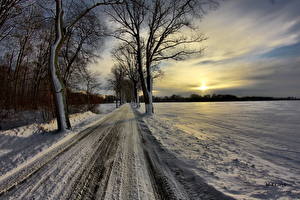 Фотографии Сезон года Зима Дороги Небо Снеге HDR Природа