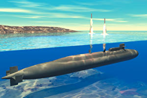 Фотография Рисованные Подводные лодки запуск ракет из под воды в 3d