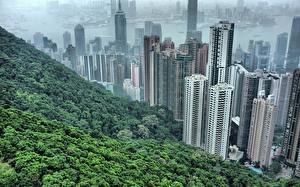 Обои для рабочего стола Китай Гонконг Небоскребы Дома Мегаполиса Сверху город