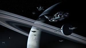 Фото Фантастическая техника Корабль Планеты Космолет Кольца планет Фэнтези Космос