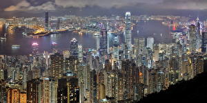 Обои Китай Гонконг Небоскребы Дома Мегаполиса Сверху