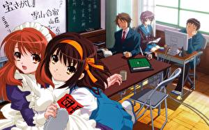Обои для рабочего стола The Melancholy of Haruhi Suzumiya Парень Аниме Девушки