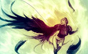 Фотографии Ангелы Крылья В наушниках Фантастика Девушки