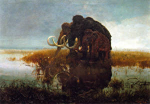 Фотографии Древние животные Мамонты Mammoths in the swamp