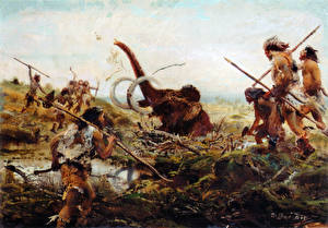 Картинка Картина Zdenek Burian Мамонты Mammoth hunt in the swamp