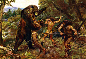 Картинки Картина Медведи Мужчины Воители Драка Hunting the cave bear
