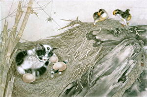 Фотографии Кошки Рисованные Котенка кот в гнезде с яйцами Животные