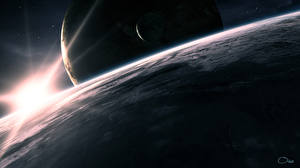 Фотографии Поверхность планеты луч солнца на горизонте Космос