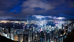 Фотография Китай Гонконг Небо Сверху Мегаполиса Ночные город