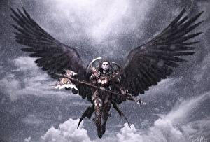 Обои Aion: Tower of Eternity девушка ангел секира по толпе компьютерная игра Фэнтези Девушки