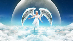 Картинки Ангелы Крылья в облаках Девушки