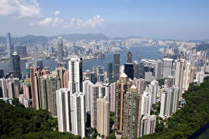 Картинка Китай Гонконг Небоскребы Здания Мегаполис Сверху Города