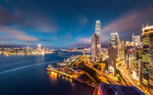 Фотография Китай Гонконг Небоскребы Дома Мегаполис Ночные Города